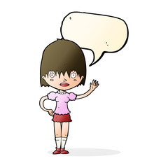 cartoon waving woman with speech bubble