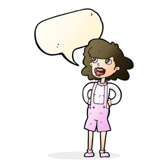 cartoon woman in dungarees with speech bubble