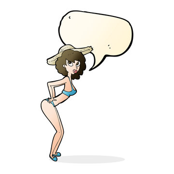 cartoon pin-up beach girl with speech bubble