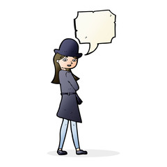 cartoon female spy with speech bubble