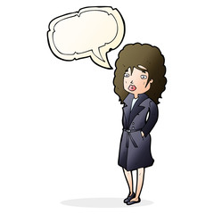 cartoon woman in trench coat with speech bubble
