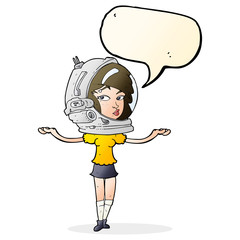 cartoon woman wearing space helmet with speech bubble