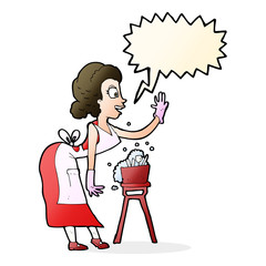 cartoon housewife washing up with speech bubble