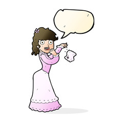 cartoon victorian woman dropping handkerchief with speech bubble