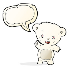 cartoon waving polar bear with speech bubble