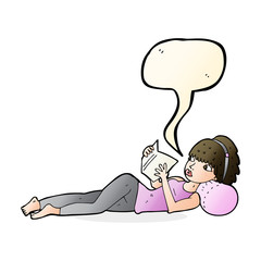 cartoon pretty woman reading book with speech bubble