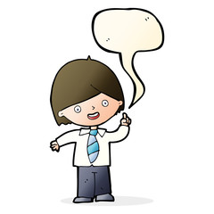 cartoon school boy answering question with speech bubble