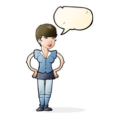 cartoon woman with hands on hips with speech bubble