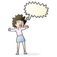 cartoon frightened woman with speech bubble