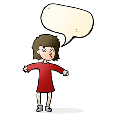 cartoon nervous woman with speech bubble