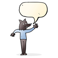 cartoon waving wolf man with speech bubble