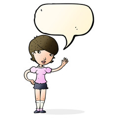 cartoon girl waving with speech bubble