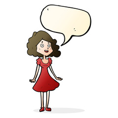 cartoon happy woman in dress with speech bubble