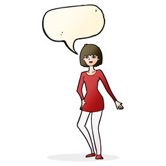 cartoon woman in dress with speech bubble