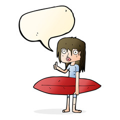 cartoon surfer girl with speech bubble