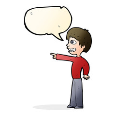 cartoon grinning boy pointing with speech bubble