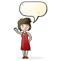 cartoon hippie woman waving with speech bubble