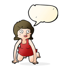 cartoon woman on all fours with speech bubble