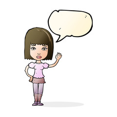 cartoon woman waving with speech bubble