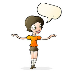 cartoon woman with arms spread wide with speech bubble