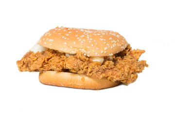 Crisp chicken burger with lettuce isolated on white
