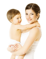 Mother And Toddler Kid, Woman Holding Child in Diaper Over White