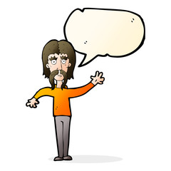 cartoon waving man with mustache with speech bubble