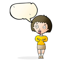 cartoon woman making Who Me? gesture with speech bubble