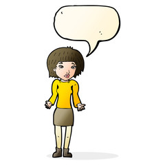 cartoon woman shrugging shoulders with speech bubble