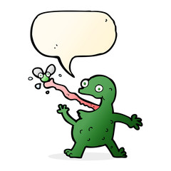 cartoon frog catching fly with speech bubble