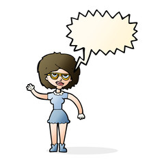 cartoon waving woman wearing spectacles with speech bubble