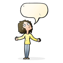 cartoon curious woman looking upwards with speech bubble