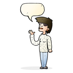 cartoon woman wearing spectacles with speech bubble