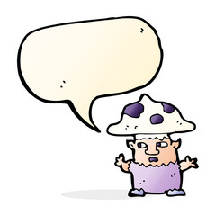 cartoon little mushroom man with speech bubble