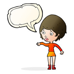 cartoon concerned woman reaching out with speech bubble