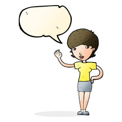 cartoon woman waving with speech bubble