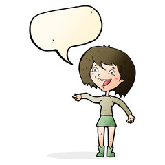 cartoon waving woman with speech bubble