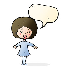 cartoon woman in dress with speech bubble