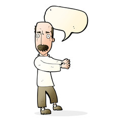 cartoon balding man explaining with speech bubble