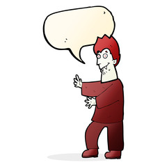 cartoon vampire waving hands with speech bubble