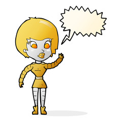 cartoon robot woman waving with speech bubble