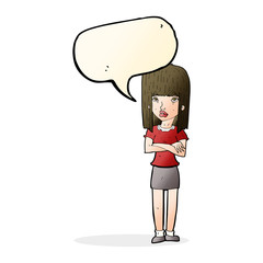cartoon woman standing with speech bubble
