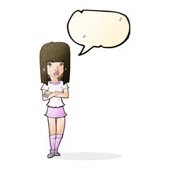 cartoon girl with crossed arms with speech bubble
