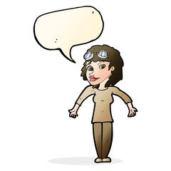 cartoon woman wearing goggles with speech bubble