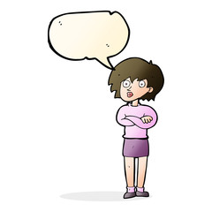 cartoon woman wit crossed arms with speech bubble