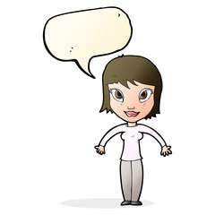 cartoon woman shrugging shoulders with speech bubble