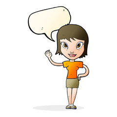 cartoon woman waving with speech bubble