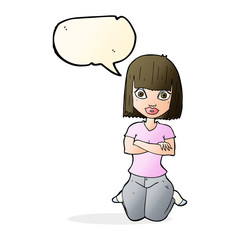 cartoon woman kneeling with speech bubble