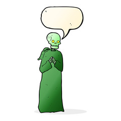 cartoon skeleton in black robe with speech bubble