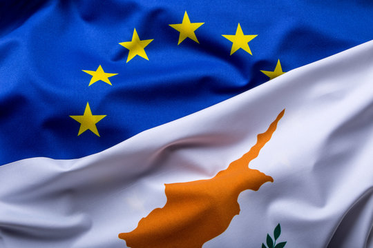 Flags of the Cyprus and the European Union. Cyprus Flag and EU Flag. World flag money concept.